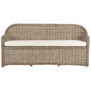Banc de jardin Susua en rotin couleur naturelle avec coussin clair. Banc extérieur tressé à la main.