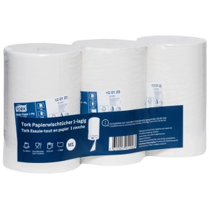 Trois rouleaux d'essuie-tout blancs Tork Basic 1 pli, 21,5 cm, en paquet. Pour essuyer et sécher.