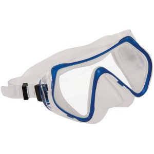Masque de plongée Happy People pour jeunes, transparent avec cadre bleu.