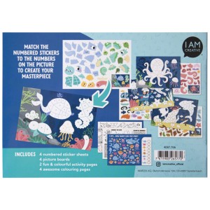 I Am Creative Sticker-by-Numbers Livre Seaworld A5 avec motifs marins, autocollants et coloriages.