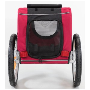 Rimorchio bici per cani Trixie, rosso e nero, con finestra a rete e catarifrangenti.