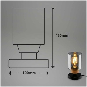 Lampe de table design Briloner, noir/fumée, 100x185mm, avec verre fumé et bois.