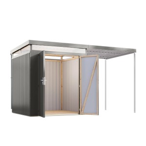Abri de jardin en métal Karibu Argos 2 avec auvent, aluminium gris, double porte ouverte.