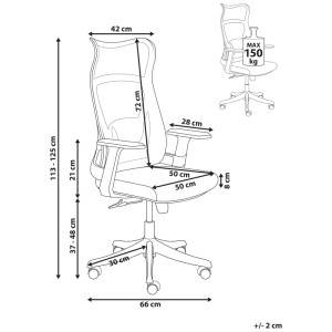 Chaise de bureau Beliani Bard: dimensions, dossier en mesh, charge max 150 kg. Diagramme technique.