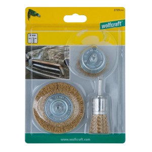 Set spazzole metalliche Wolfcraft, 3 pezzi, spazzole in ottone per trapani per levigatura e lucidatura.