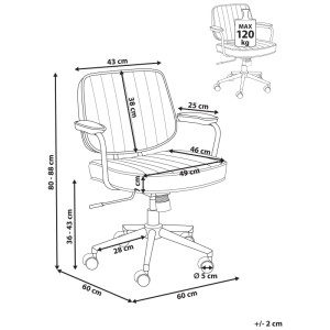 Dessin technique du fauteuil de bureau Beliani Berne. Montre toutes les dimensions du fauteuil pivotant et la charge max de 120 kg.