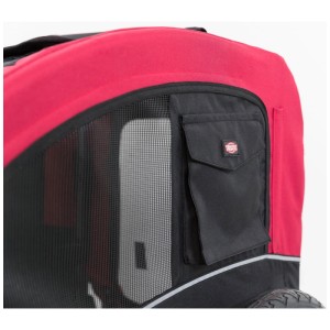 Dettaglio: Rimorchio bici Trixie M nero-rosso con finestra a rete e tasca laterale.