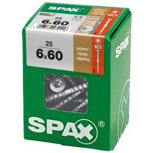 Vis de réglage Spax 6x60mm en boîte verte, adaptées pour niveler les sous-constructions en bois.