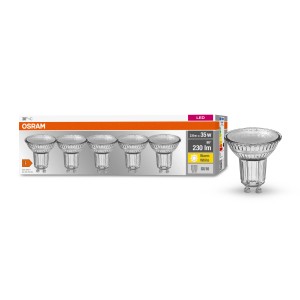 Lampadina LED Osram GU10, 2.6 W, luce bianca calda, confezione da 5. A risparmio energetico e di lunga durata.