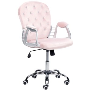 Sedia da ufficio Princess rosa pastello con velluto, cristalli e struttura cromata.