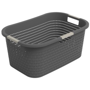 Cesto portabiancheria Rotho Country antracite (40 l) con struttura in rattan e maniglie.