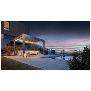 Pergola Biohort, grigio scuro metallizzato, 4x3 m, con lamelle regolabili e scarico acqua piovana in giardino a bordo piscina.