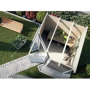 Casetta da giardino in legno Weka Angolo A, tetto piatto, grigia, 209x205 cm, design a 5 angoli, con attrezzi da giardino e panca in giardino.