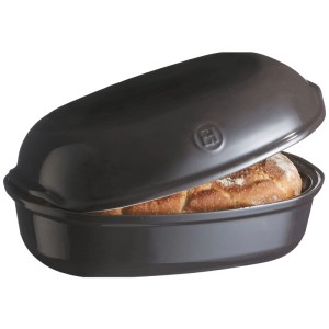 Emile Henry Stampo per pane Artisan, ceramica grigia con pane e coperchio.