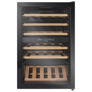 Kibernetik Weinklimaschrank WKH39D, schwarz, mit Glastür und Holzregalen für 37 Flaschen.