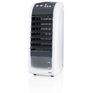 Raffrescatore d'aria Tristar bianco-grigio, climatizzatore a torre con pannello di controllo, uscita aria e serbatoio. Mobile.