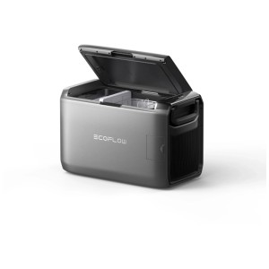 Glacière à compression EcoFlow Glacier 45 ouverte, grise, capacité 45 litres. Idéale pour le camping et l'extérieur.