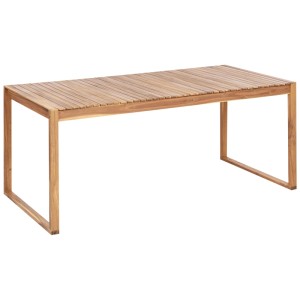 Tavolo da giardino rettangolare in legno di acacia oliato con piano a doghe e gambe a slitta. Parte di un set.