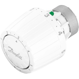 Tête thermostatique Danfoss RA/VL en plastique, gros plan. Installation de chauffage.