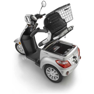 E-Mobil E3800 argento con cestino e vano portaoggetti sotto il sedile. Ideale per viaggi confortevoli.