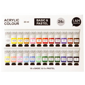 I Am Creative Acrylfarben-Set, 24 Farben (Basisfarben & Pastellfarben) in Tuben.
