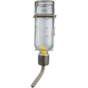 Trixie abbeveratoio in vetro per piccoli animali, 125 ml, con indicatore di livello e supporto in metallo.