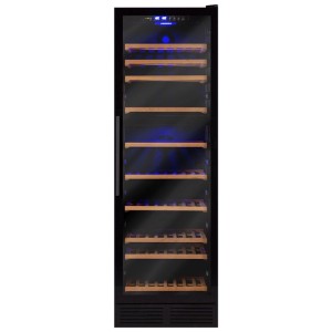 Schwarzer Kibernetik Weinklimaschrank BWS188 mit Glastür, 2 Temperaturzonen, Buchenholzregalen und blauer LED-Beleuchtung.
