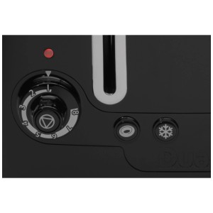 Dettaglio del tostapane Dualit Lite, quattro scomparti, nero, con controllo di doratura e tasto di scongelamento.