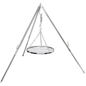 Grille suspendue Petromax sur trépied pour grillades au feu de camp. Grille en acier chromé, Ø 50cm.