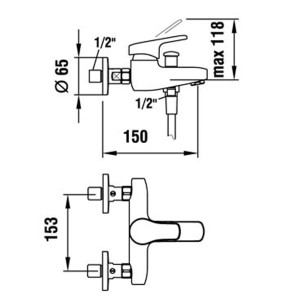 Disegno tecnico: Miscelatore per vasca Similor Citypro cromato con dimensioni.
