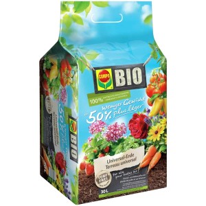 Sacco di Compo Bio Universal-Erde Die Leichte, senza torba, 30 litri, con motivi di verdure e fiori.