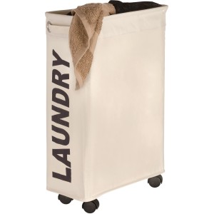Cesto portabiancheria Wenko Corno beige stretto con ruote e scritta 'Laundry'. Capacità 43 litri.