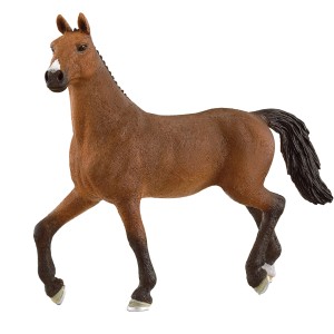Schleich Oldenburger Stute, braunes Spielzeugpferd mit geflochtener Mähne.