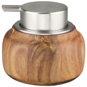 Distributeur de savon Kleine Wolke Madera en acacia marron avec pompe argentée.