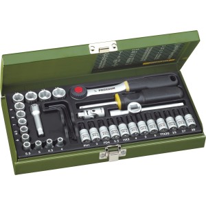 Jeu de douilles Proxxon 36 pièces dans un coffret en acier vert avec diverses douilles et tournevis.