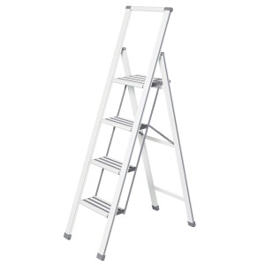 Scala pieghevole a 4 gradini in alluminio bianco/grigio, altezza 153 cm. Ideale per la casa.