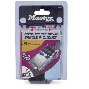 Sangle d'arrimage à cliquet Master Lock, 500x2,5cm, capacité 400kg, crochets en S pour maintien sûr.