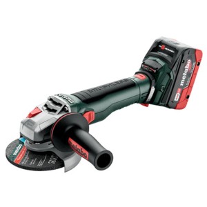 Meuleuse d'angle sans fil Metabo WB 18 LT BL 11-125 Q, 18V, Ø 125 mm. Vert foncé, noire, avec batterie rouge et disque.