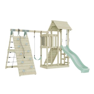 Altalena per bambini PolarPlay Farö verde menta con parete da arrampicata, scivolo e torre gioco in legno.
