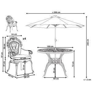 Schéma : Ensemble de meubles de jardin Beliani Sapri avec parasol, dimensions de la table, des chaises et du parasol.