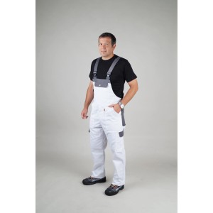 Salopette Classic bianca e grigia taglia 52 in materiale resistente con molte tasche per abbigliamento da lavoro.