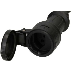 Schwarzes Adapterkabel CEE, 16 A, mit geöffnetem Schutzdeckel, für den Innen- und Aussenbereich.