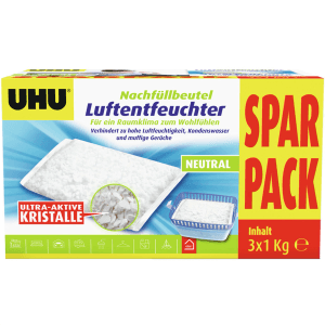 UHU Recharge déshumidificateur Pack Économique 3x1kg : Déshumidificateur pour un climat ambiant agréable.