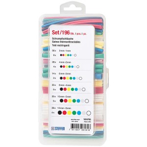 Kit de gaines thermorétractables Steffen, 196 pièces, couleurs variées, assorties dans un récipient transparent.