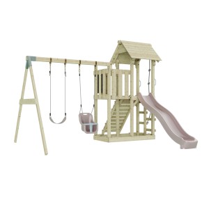 Altalena per neonati PolarPlay Uppsala rosa antico con torre giochi e scivolo.