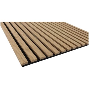 Pannello acustico Denpanels in rovere naturale, listelli in legno marrone su feltro nero per rivestimento pareti e soffitti.