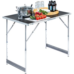 Tavolo multiuso LUX-TOOLS MZT-100/60 con telaio in alluminio, regolabile in altezza e decorato con cibo.