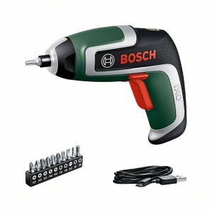 Set avvitatore a batteria Bosch IXO 7 con inserti, cavo di ricarica e scatola. Avvitatore compatto per piccoli lavori.