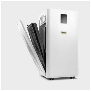 Purificatore d'aria Kärcher AF 30 con sportello filtro aperto e set di filtri inserito.
