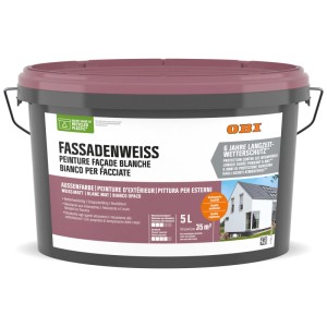 Secchio di OBI Fassadenweiss, pittura per esterni, bianco opaco, 5 litri. Per rivestimento facciate.